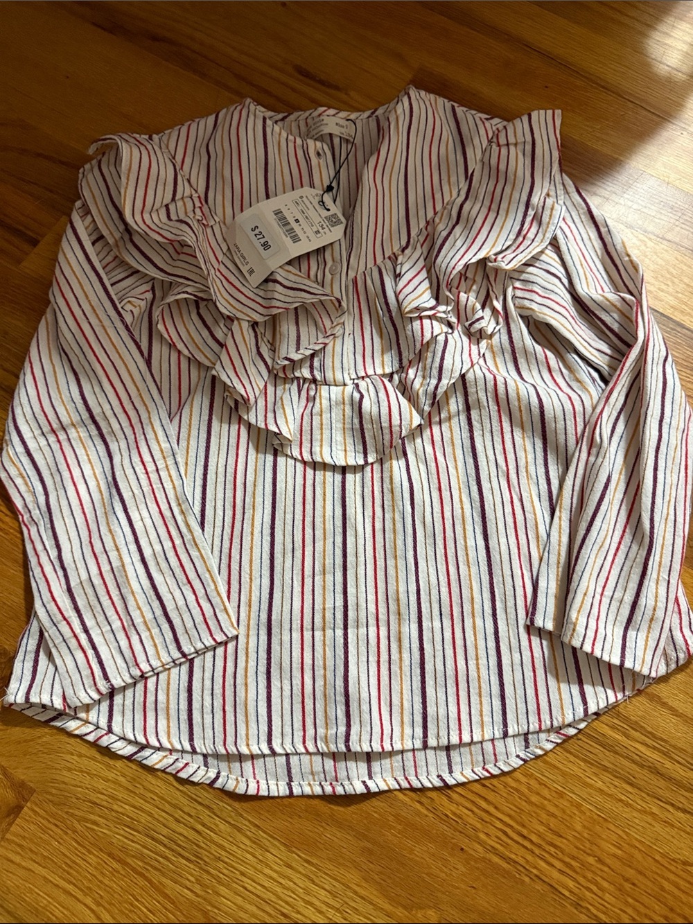 Zara Girls White Striped Ruffle Blouse with Red, Blue, Yellow Stripes